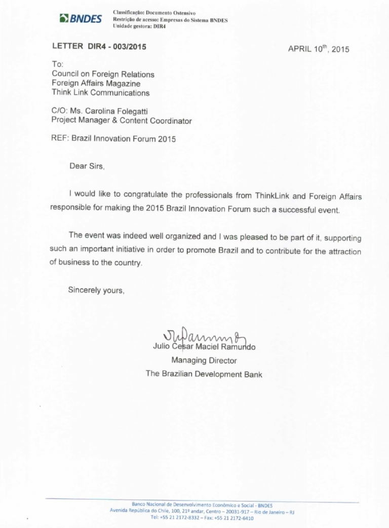 Letter from BNDES Managing Director on the Brazil Innovation Forum 2015