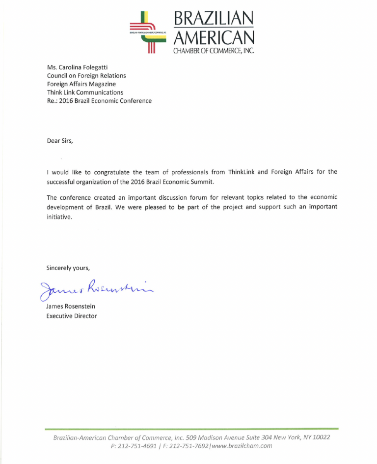 Letter from Brazilcham Director on the Brazil Economic Summit 2016
