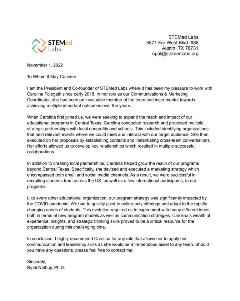 Ripal Nathuji, Ph.D., is CEO and co-founder of STEMed Labs. I started working with the NGO in early 2018, just a few weeks after moving to the US, as the Communications and Marketing Coordinator, until relocating to Europe in 2023. STEMed Labs focused its activities locally, in Austin, Texas, and had a vision of expansion. With my collaboration, extensive research and specific strategies, it was able to expand its audience nationally and internationally and migrate its activities completely online, which became even more relevant during the Covid pandemic.